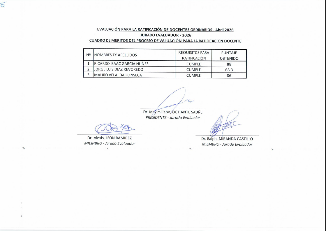 EVALUACIÓN PARA LA RATIFICACIÓN DE DOCENTES ORDINARIOS - Abril 2026  JURADO EVALUADOR - 2026  CUADRO DE MERITOS DEL PROCESO DE VALUACIÓN PARA LA RATIFICACIÓN DOCENTE