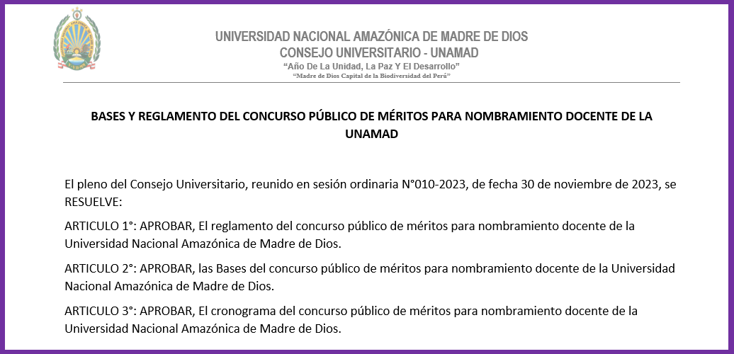 BASES Y REGLAMENTO DEL CONCURSO PÚBLICO DE MÉRITOS PARA NOMBRAMIENTO DOCENTE DE LA UNAMAD