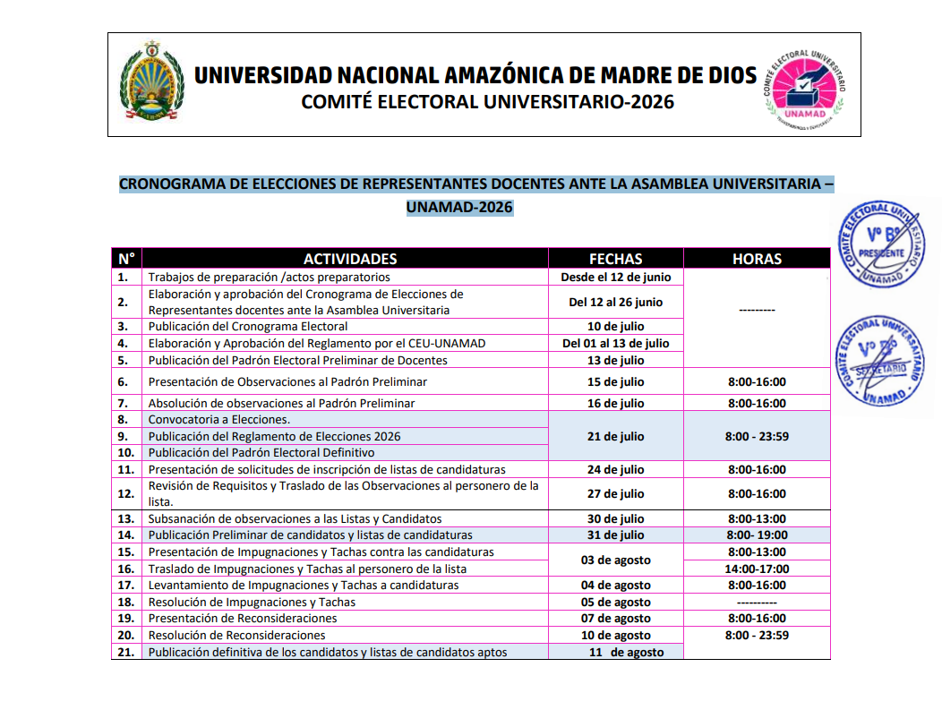 CRONOGRAMA DE ELECCIONES DE REPRESENTANTES DOCENTES ANTE LA ASAMBLEA UNIVERSITARIA – UNAMAD-2026