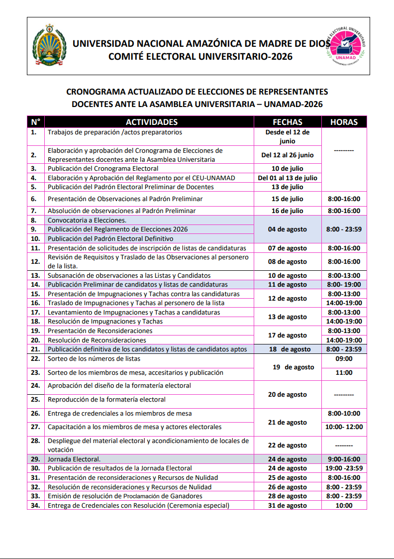CRONOGRAMA ACTUALIZADO DE ELECCIONES DE REPRESENTANTES DOCENTES ANTE LA ASAMBLEA UNIVERSITARIA – UNAMAD-2026