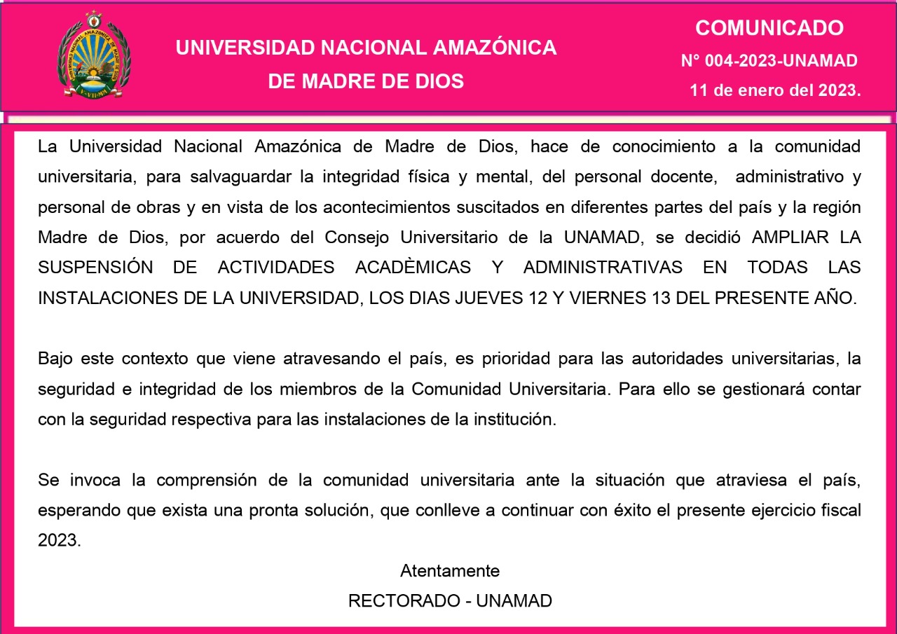 Comunicado N° 004-2023-UNAMAD