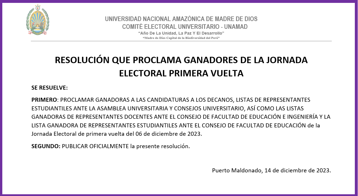 RESOLUCION QUE PROCLAMA GANADORES DE LA JORNADA ELECTORAL PRIMERA VUELTA