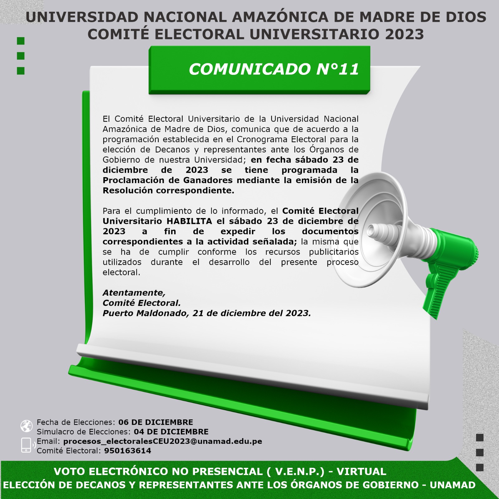 COMITÉ ELECTORAR  UNIVERSITARIO COMUNICADO N° 11