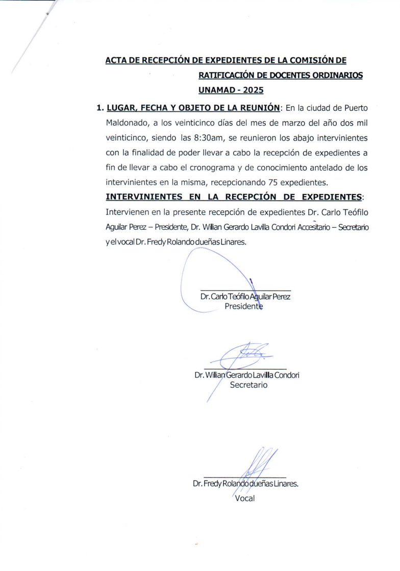 ACTA DE RECEPCIÓN DE EXPEDIENTES DE LA COMISIÓN DE RATIFICACIÓN DE DOCENTES ORDINARIOS UNAMAD - 2025