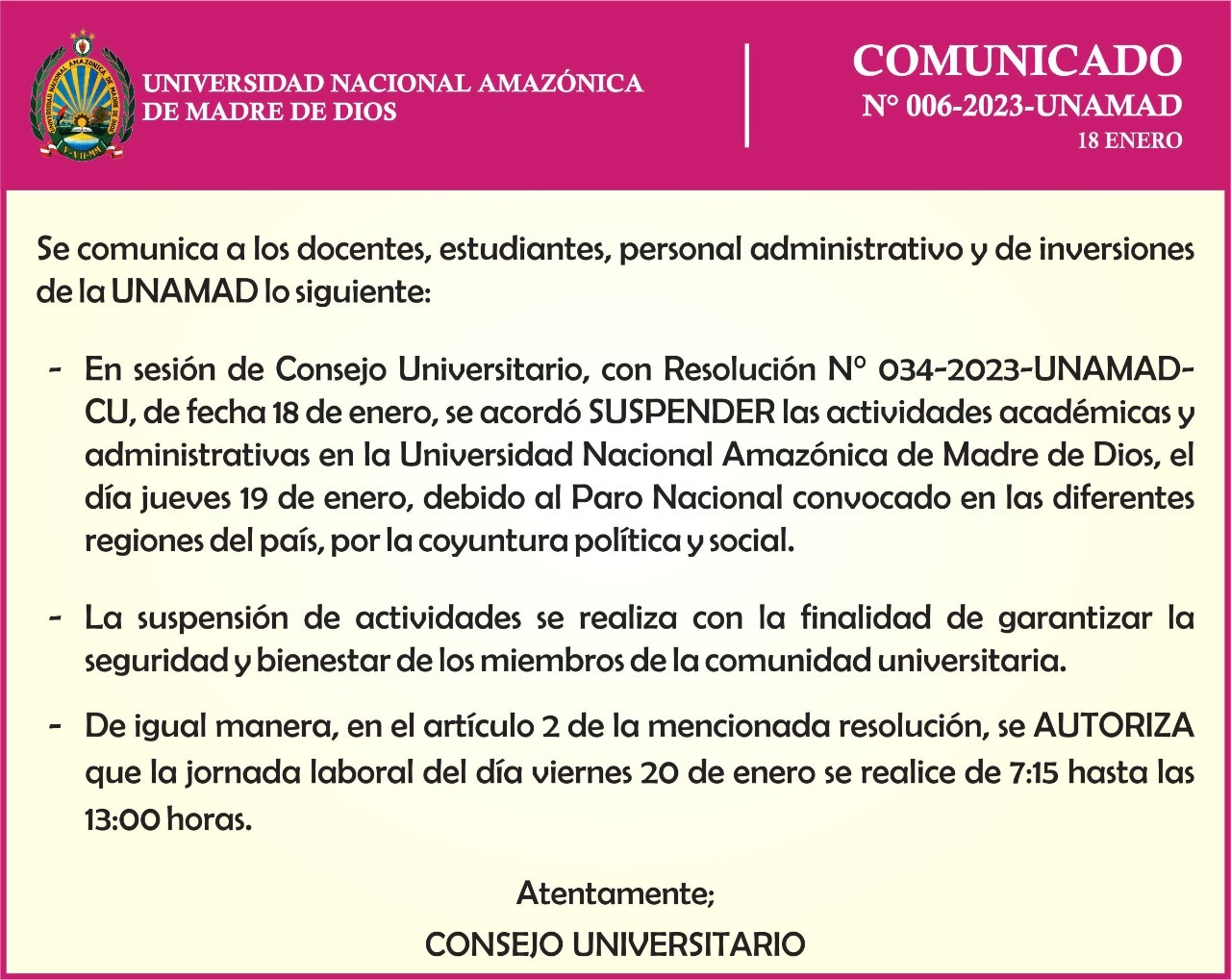 COMUNICADO N°006-2023-UNAMAD