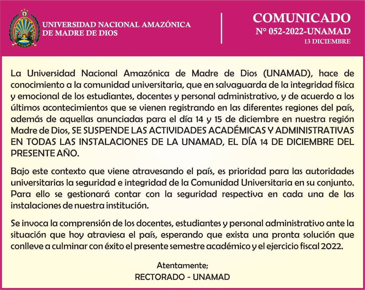 Comunicado N° 052-2022-UNAMAD