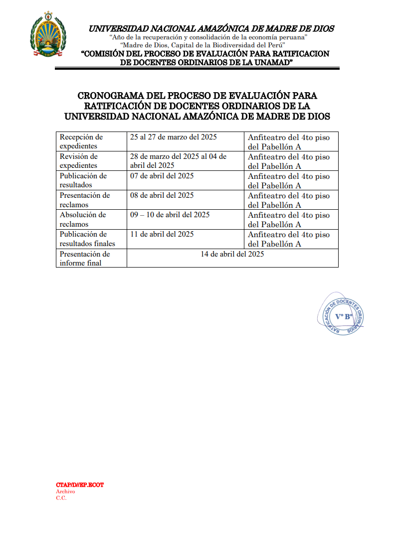 CRONOGRAMA DEL PROCESO DE EVALUACIÓN PARA RATIFICACIÓN DE DOCENTES ORDINARIOS DE LA UNIVERSIDAD NACIONAL AMAZÓNICA DE MADRE DE DIOS