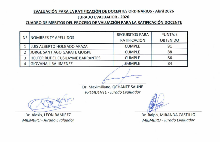EVALUACIÓN PARA LA RATIFICACIÓN DE DOCENTES ORDINARIOS - Abril 2026 JURADO EVALUADOR - 2026